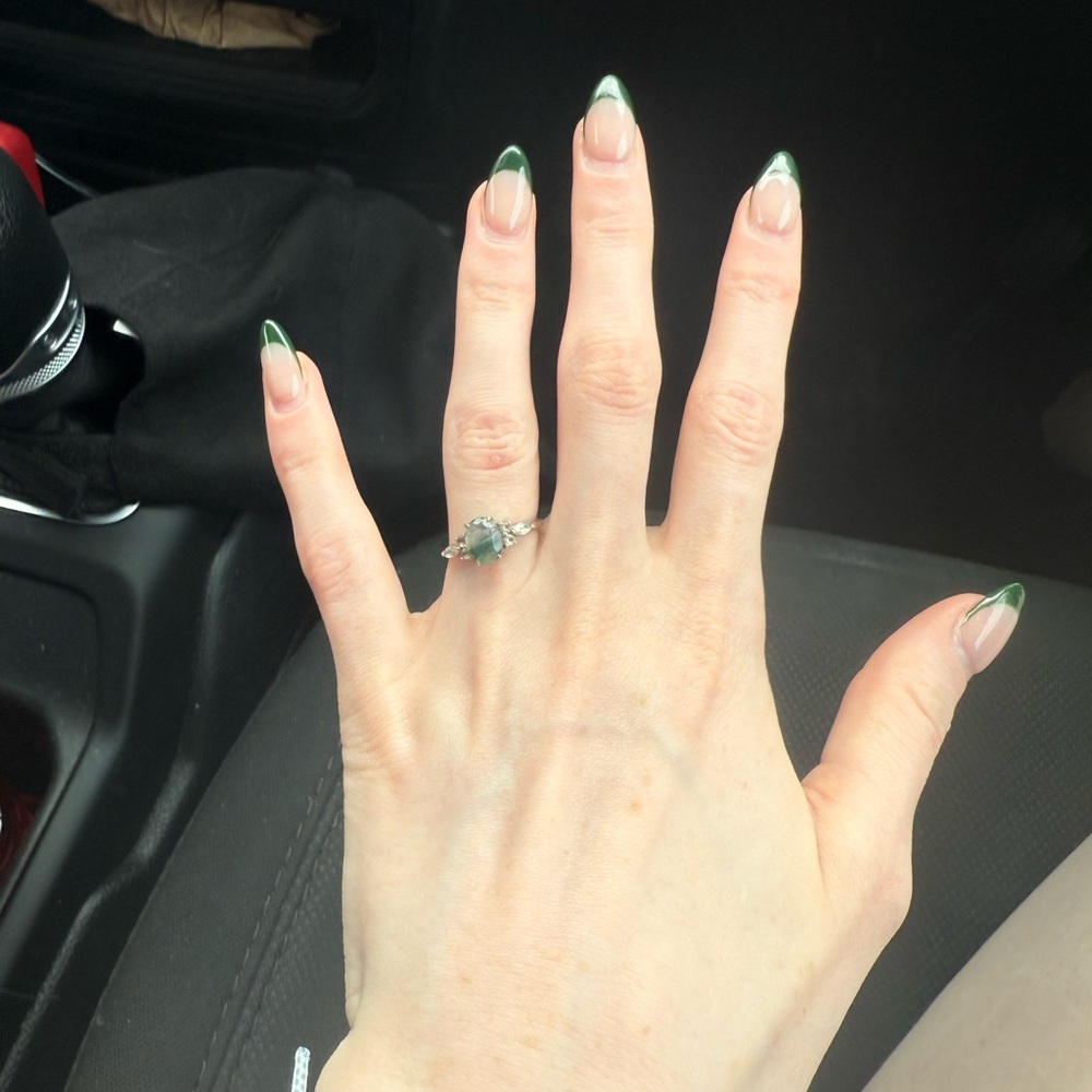 Elegant Silver and Green moss agate promise ring